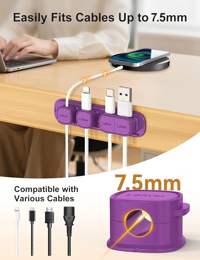 6 Pack Magnetic Cable Clips, Laitver Cord Organizer Holder Strong Adhesive Desk - Image 7