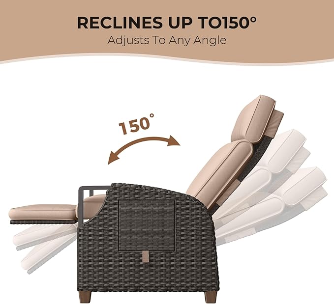 Grand patio Outdoor Recliner with Independent Adjustable Back and Footrest, Air Pump 150° Lay Flat Reclining Chair Removable Olefin Cushion Flip-Up Table Wicker Beige 1PC - Image 4