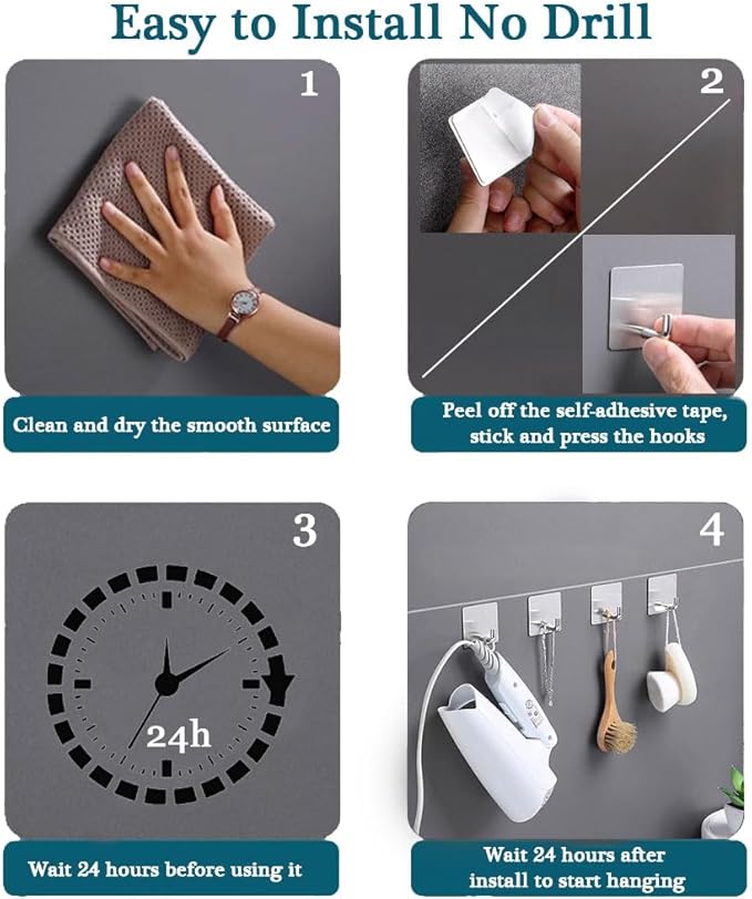 Adhesive Towel Hooks, 8 Pack Self Adhesive Coat Sticky Hooks - Image 3