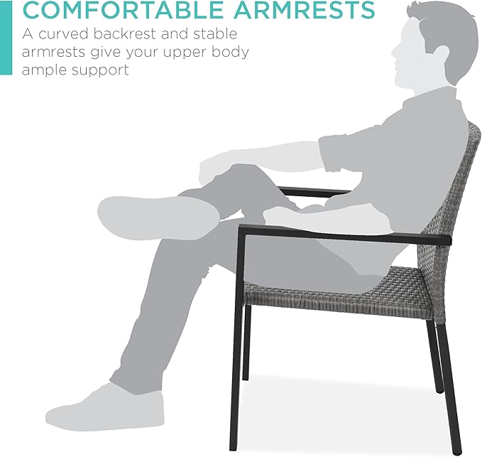 Best Choice Products Set of 2 Stackable Outdoor Wicker Dining Chairs All-Weather Firepit Armchair w/Armrests, Steel Frame for Patio, Deck, Garden, Yard - Gray - Image 6