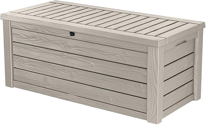 Keter Westwood 150 Gallon Resin Large Outdoor Storage Box for Patio Furniture, Outdoor Cushions, Garden Tools and Pool Floats, Beige by Keter