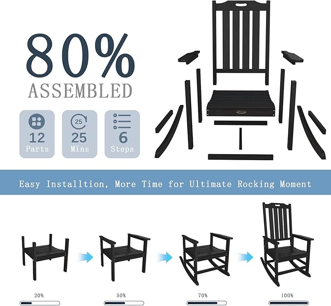 Oversized Rocking Chair Set of 4, Outdoor Rocking Chair for Adults, All Weather Resistant Porch Rocker for Lawn Garden, Black - Image 9