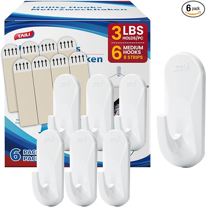 TAILI Hooks for Hanging, 6 Plastic Sticky Hooks and 8 Adhesive Strips, No by TAILI