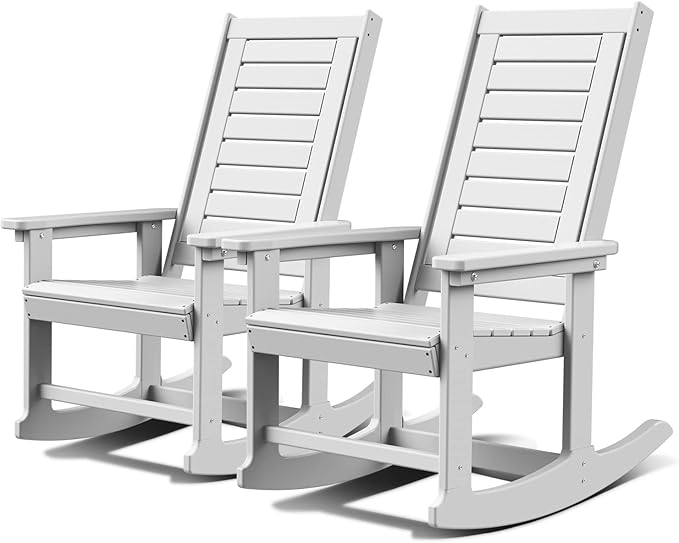 GREENVINES Outdoor Rocking Chairs | Set of 2 | Porch Rocker | HDPE Plastic | White | Oversized Rockers | High Back | Big & Tall | Ladder Back | for Patio Outside Backyard Balcony Garden by GreenVines