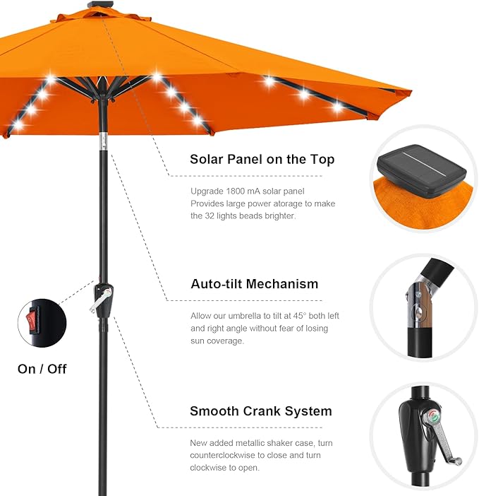 ABCCANOPY Durable Solar Led Patio Umbrellas with 32LED Lights 11FT (Orange) - Image 6