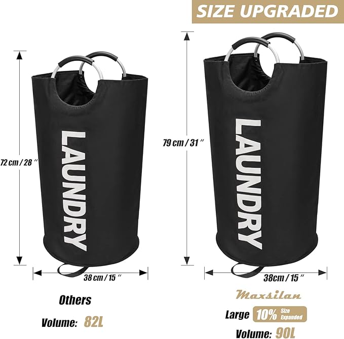 90L Large Laundry Basket, Freestanding Tall Clothes Hamper, Collapsible Laundry - Image 3