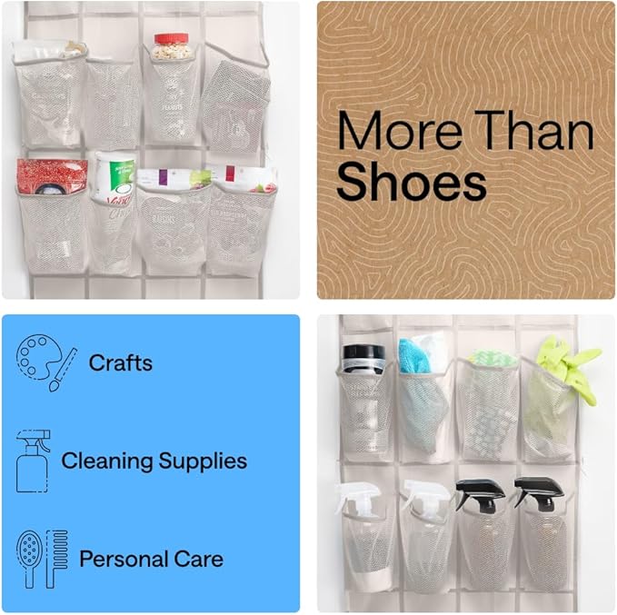 GORILLA GRIP Over the Door Shoe Organizer, 24 Large Breathable Mesh Pockets - Image 6