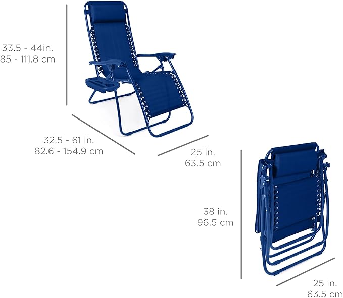 Best Choice Products Set of 2 Adjustable Steel Mesh Zero Gravity Lounge Chair Recliners w/Pillows and Cup Holder Trays - Marine - Image 2