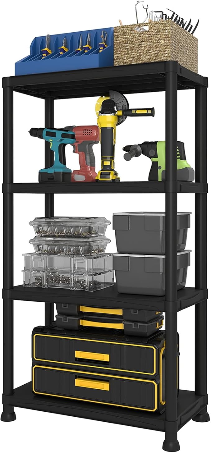 Plastic Storage Shelves, 11.8" D x 23.62" W x 52.56" H Plastic Shelves for Storage, 4-tier Shelving Unit, Storage Rack, 264 lbs, Bathroom, Laundry, Garage & Home by Unknown