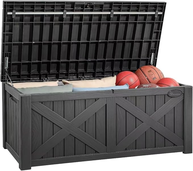 YITAHOME 150 Gallon Large Deck Box with X-Shaped Front, Resin Outdoor Storage Boxes, Waterproof Cushion Storage Bench for Patio, Pool Supplies, Garden Tools - Lockable, Dark Gray by YITAHOME