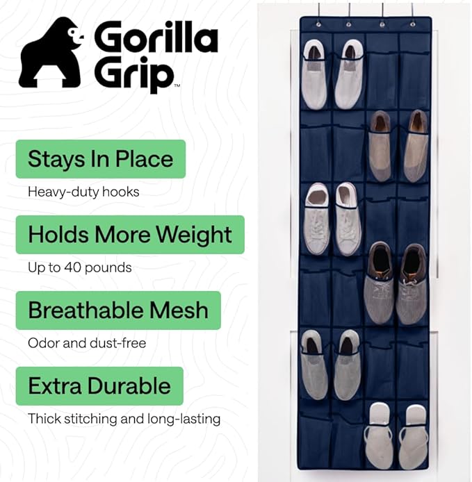 GORILLA GRIP Over the Door Shoe Organizer, 24 Large Breathable Mesh Pockets - Image 2