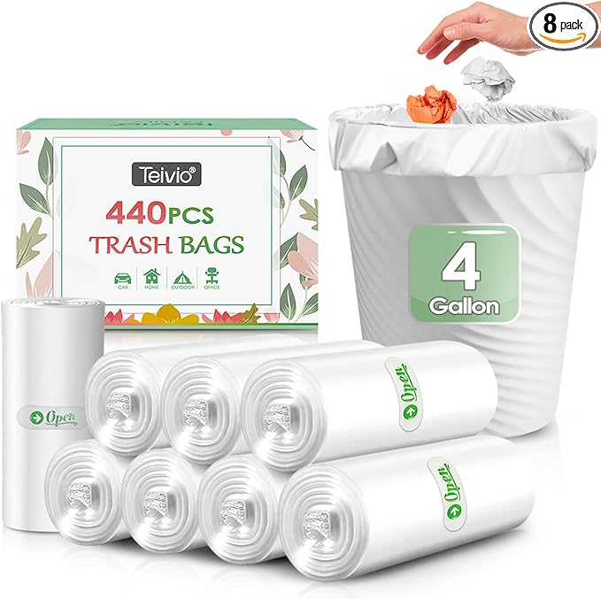 4 Gallon 440 Counts Strong Trash Bags Garbage Bags by Teivio, Bathroom Trash by Teivio