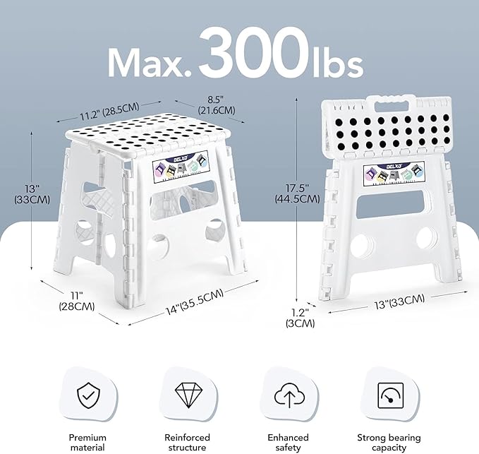 Delxo 13" Folding Step Stool for Kids and Adults, Non-Slip Foldable Step Stools with Handle,Plastic Portable Folding Stool for Bathroom,Bedroom,Kitchen,Hold up to 300lbs White - Image 2
