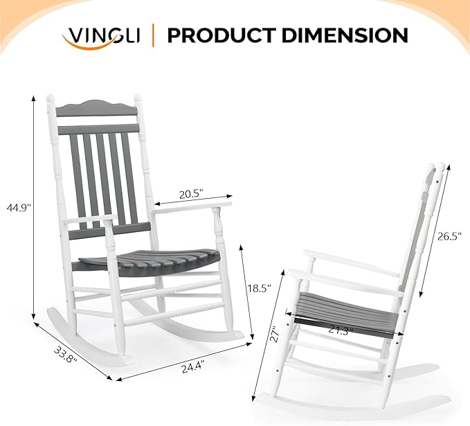 VINGLI Wooden Rocking Chair, Outdoor Chair with 450 lbs Support, Relaxing Rocker with Solid Wood High Back Seat Reclining Seat for Deck, Garden, Backyard, Porch (White & Grey, 2PCS) - Image 3