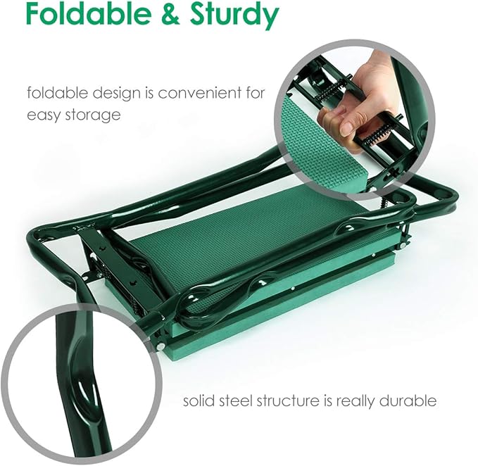 TomCare Upgraded Garden Kneeler Seat Widen Soft Kneeling Pad Garden Stools Garden Bench with 2 Large Tool Pouches Outdoor Foldable Gardening Gifts for Women Men Gardeners, Green - Image 6