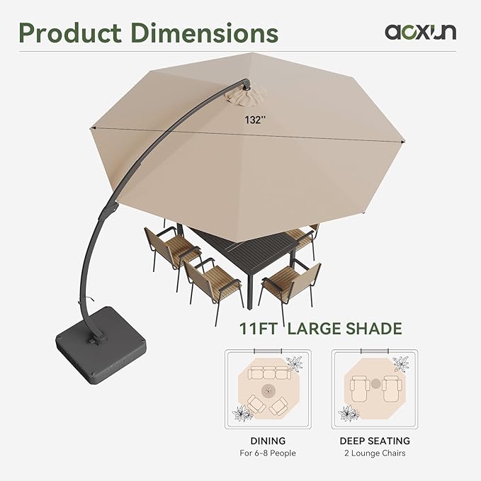 Aoxun 11 FT Cantilever Umbrella with Base Included, Patio Large Aluminum Offset Umbrella Windproof with 360°Rotation, Heavy Duty Frame for Outdoor, Pool, Deck and Garden - Image 2
