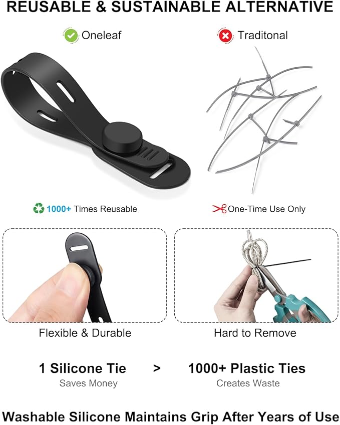OneLeaf 16Pcs Premium Soft Silicone Cable Ties, Reusable Cord Organizer - Image 5
