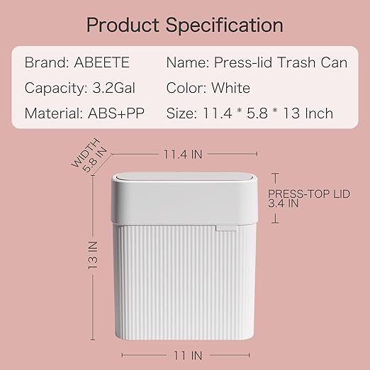 Bathroom Trash Can with Press Top Lid, 3.2 Gallon Slim Garbage Can - Image 9
