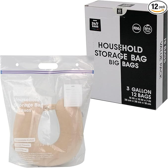 12 Large Plastic Storage Bags, 3 Gallons, Zero BPA, Double Zipper Seal by 247BAGS