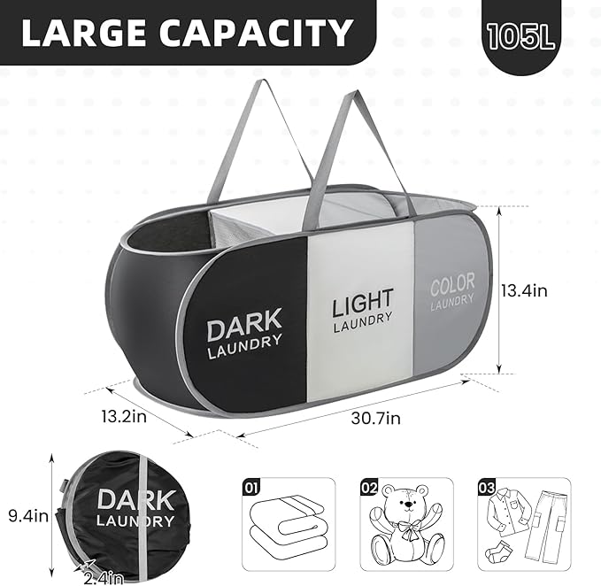 TECHMILLY Collapsible Laundry Basket Durable Pop Up Hamper - Image 3