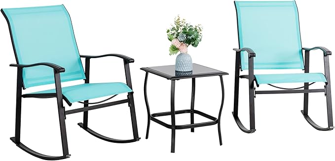Vongrasig 3 Piece Outdoor Rocking Bistro Set, Textilene Fabric Small Patio Furniture Set, Front Porch Rocker Chairs Conversation Set with Glass Table for Lawn, Garden, Balcony, Poolside (Blue) by Vongrasig