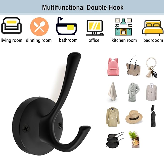 Black Wall Hooks Towel Hooks, 3 Pack Coat Hooks Robe Hook Heavy Duty Metal - Image 9