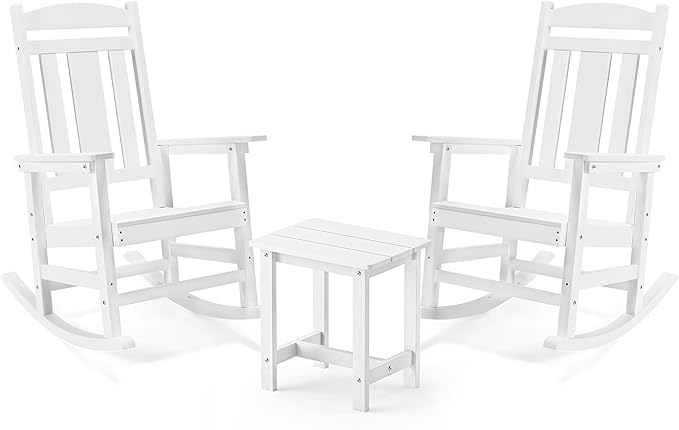 LUE BONA Outdoor Rocking Chairs Set, 3-Piece, HDPS Poly Porch Rockers with Table, Plastic Weather Resistant Rocking Chair Set for Outdoor Indoor, Garden, Backyard, 350lb,White Chairs+Table by LUEBONA