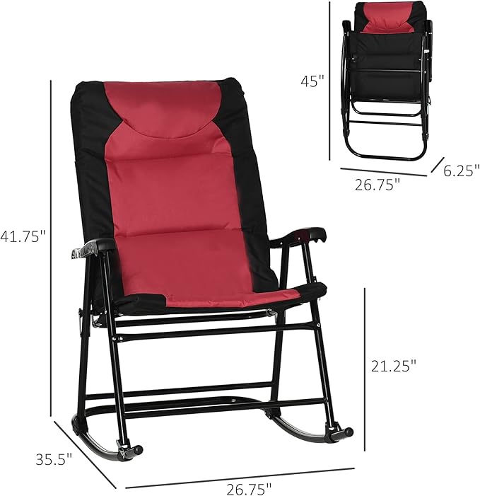 Outsunny Oversized Folding Rocking Camping Chair Set of 2, Padded Outdoor Rockers with High Back and Armrests, Portable Outdoor Patio Chairs with Steel Frame for Garden, Porch, Lawn, Red - Image 3
