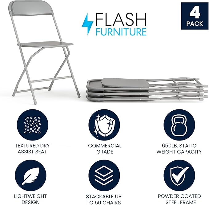 Flash Furniture Hercules Series Plastic Folding Chair - Grey - 4 Pack 650LB Weight Capacity Comfortable Event Chair-Lightweight Folding Chair - Image 3