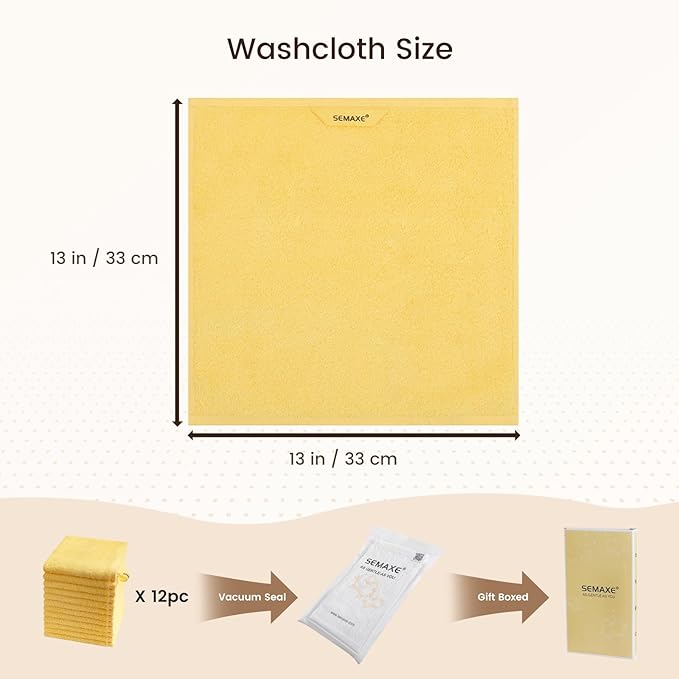 SEMAXE 100% Cotton Washcloths 12-Pack, 13 × 13 Inch Soft Yellow Face Towels – - Image 2