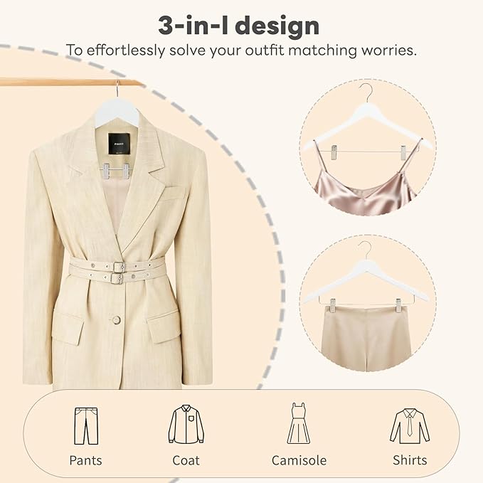 HOUSE DAY Wooden Hangers with Clips 24 Pack, Heavy Duty White Wood Pants Hanger - Image 2