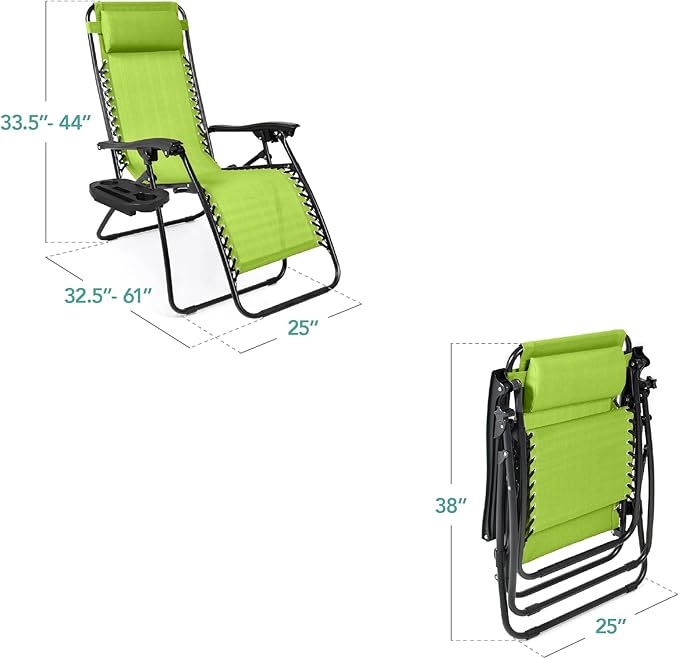 Best Choice Products Set of 2 Adjustable Steel Mesh Zero Gravity Lounge Chair Recliners w/Pillows and Cup Holder Trays - Lime Green - Image 3