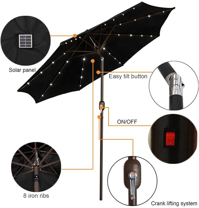 Blissun 9 ft Solar Umbrella, 32 LED Lighted Patio Umbrella, Table Market Umbrella, Outdoor Umbrella for Garden, Deck, Backyard, Pool and Beach (Black) - Image 2