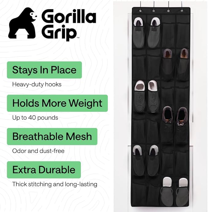GORILLA GRIP Over the Door Shoe Organizer, 2 Pack, 24 Breathable Mesh Pockets - Image 2