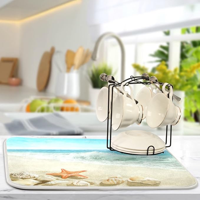 Summer Beach Dish Drying Mat 18 x 24 Inch Sea Wave Shells Starfish Drying Mat - Image 6
