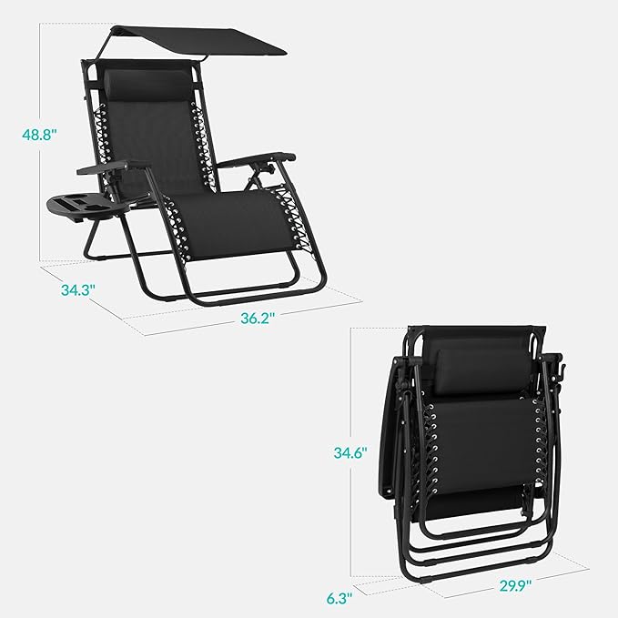 Best Choice Products 30” Wide Folding Zero Gravity Outdoor Recliner Patio Lounge Chair w/Adjustable Canopy Shade, Headrest, Side Accessory Tray - Black - Image 2