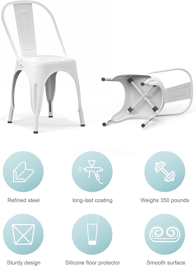 Nazhura Metal Dining Chair Farmhouse Tolix Style for Kitchen Dining Room Café Restaurant Bistro Patio, 18 Inch, Stackable, Waterproof Indoor/Outdoor (Sets of 4) (White) - Image 3