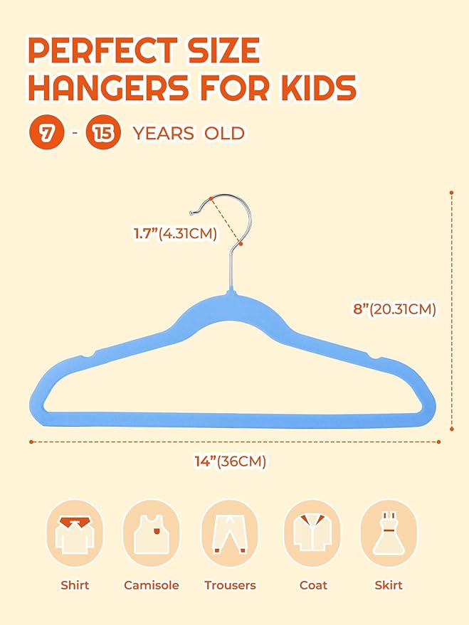 HOUSE DAY 14 Inch Kids Velvet Hangers 50 Pack, Durable Big Kids Hanger - Image 8