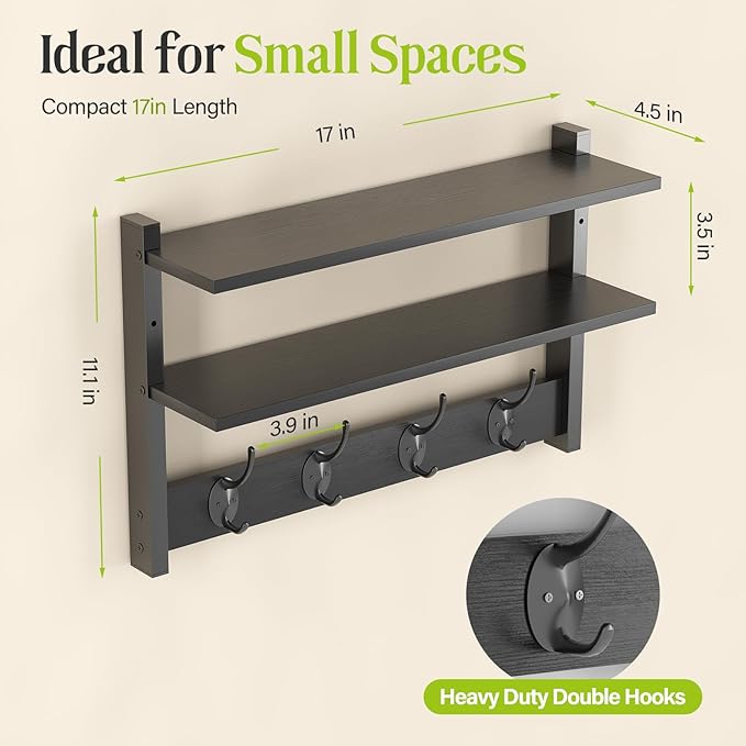 Two-Tier Wall Shelf with Hooks, Entryway Key Hooks - Image 2