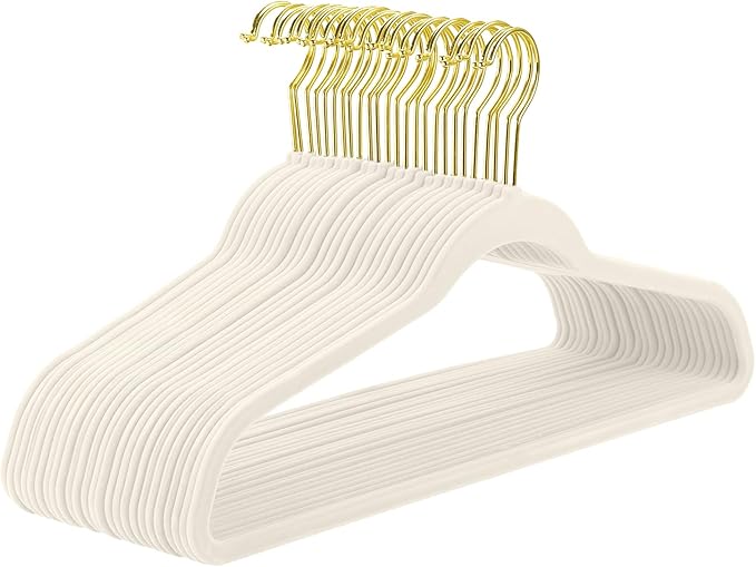 MIZGI Ivory Velvet Hangers 30 Pack, Premium Gold Clothes Hangers Non-Slip Felt by MIZGI