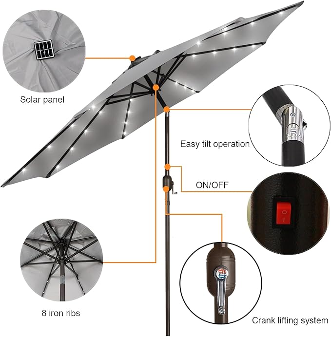 Blissun 9 ft Solar Umbrella, Patio Umbrella with 32 LED Lights, Table Market Umbrella, Outdoor Umbrella for Garden, Deck, Backyard (Light Grey) - Image 2