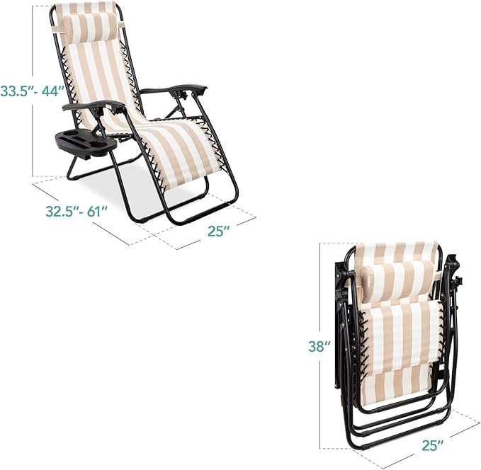 Best Choice Products Set of 2 Adjustable Steel Mesh Zero Gravity Lounge Chair Recliners w/Pillows and Cup Holder Trays - Tan Striped - Image 3