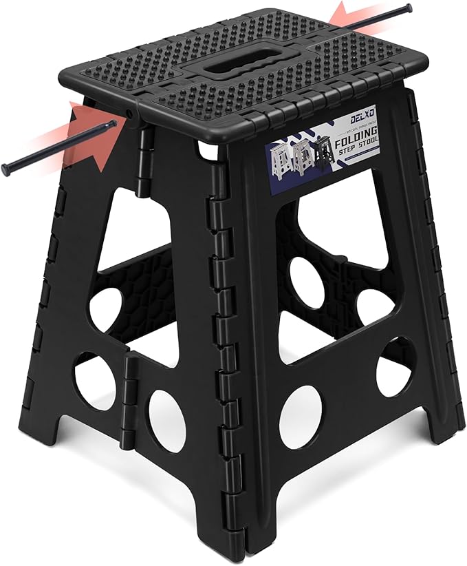 Delxo Folding Step Stool 16 Inch,Non-Slip Foldable Stools for Adults Up to 300 LBS,Kitchen Collapsible Fold Up Stepping Stool with Dotted 1 Pack,Black by Delxo