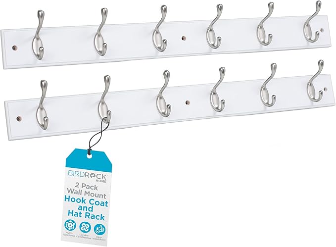 BIRDROCK HOME Oval Hook Coat and Hat Rack | 6 Hooks | 2 Pack | White Finish | by BIRDROCKHOME