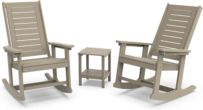 GREENVINES Outdoor Rocking Chair Set | 3-Piece | Desert Brown Wood Grain | 2 Rocking Chairs with 1 Side Table | Porch Rocker | HDPE Plastic | Patio Furniture Sets by GreenVines
