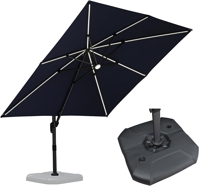 PURPLE LEAF 10 Feet Patio Umbrella with Base Outdoor Cantilever Solar Powered LED Square Umbrella Aluminum Offset Umbrella with 360-degree Rotation for Garden Deck Pool Patio Navy by PURPLELEAF