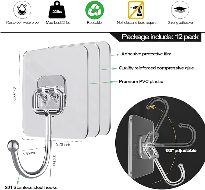 ZESLMG Large Adhesive Hooks for Hanging, 12 Pack Self Sticky Wall Hooks Heavy - Image 2