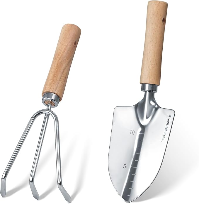 Garden Tool Set, 2 Pieces Stainless Steel Heavy Duty Garden Tools, Gardening Kit with Wooden Handle Garden Hand Tools, Durable Garden Tools for Gardening, Gardening Gifts for Women Men by HoHaing