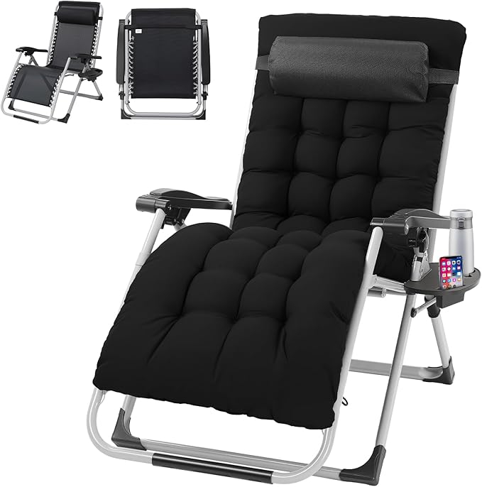 VINGLI 29" Padded Zero Gravity Chair, Lounge Chair with Removable Cushion & Tray， Folding Reclining Patio Chairs， Recliner Chair for Lawn，Indoor Outdoor-Black by VINGLI