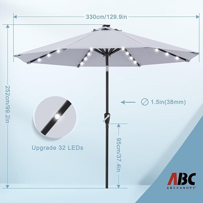 ABCCANOPY Durable Solar Led Patio Umbrellas with 32LED Lights 11FT (Light Gray) - Image 3